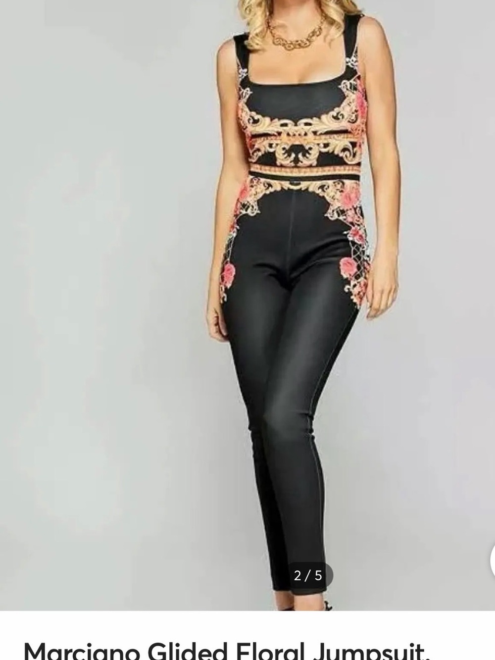 Marciano Black Jumpsuit with Gold Baroque and Pink Floral Embroidery